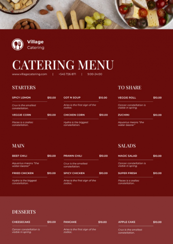 Desain brosur katering dengan ilustrasi makanan ala klasik